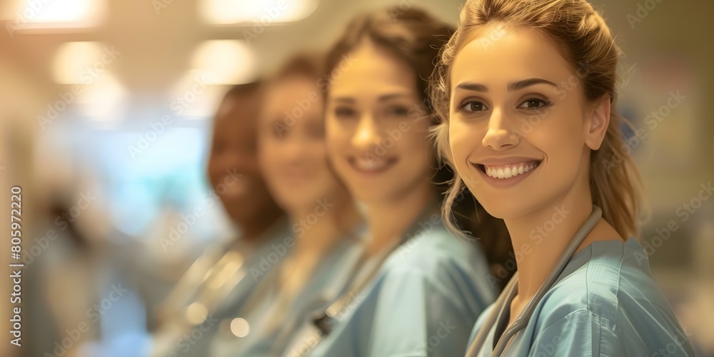Diverse healthcare students in scrubs smiling as they begin clinical training in a hospital. Concept Healthcare Students, Clinical Training, Scrubs, Diverse Representation, Hospital Setting