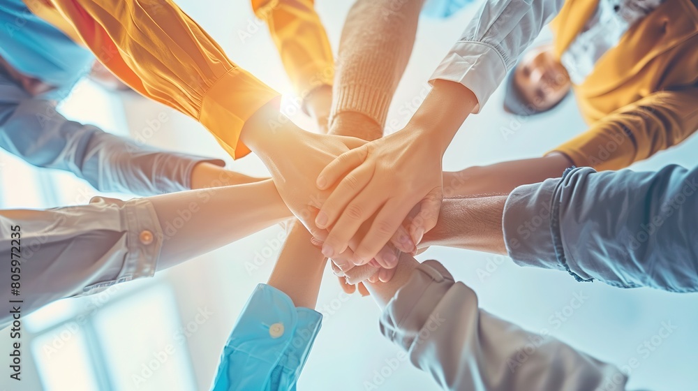 Obraz premium Working together concept with hands united together in the air