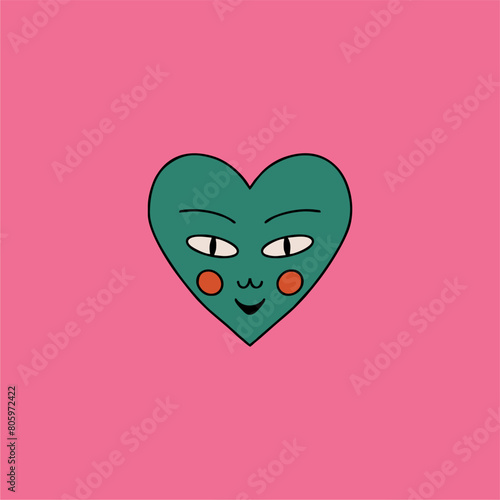 Retro psychedelic poster from the 70s-60s. Heart with a face. Bright vintage vector illustration. Hippie Boho style, cartoon.