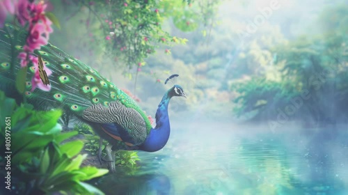 peacocks by the river and natural beauty . seamless looping time-lapse virtual video Animation Background. photo