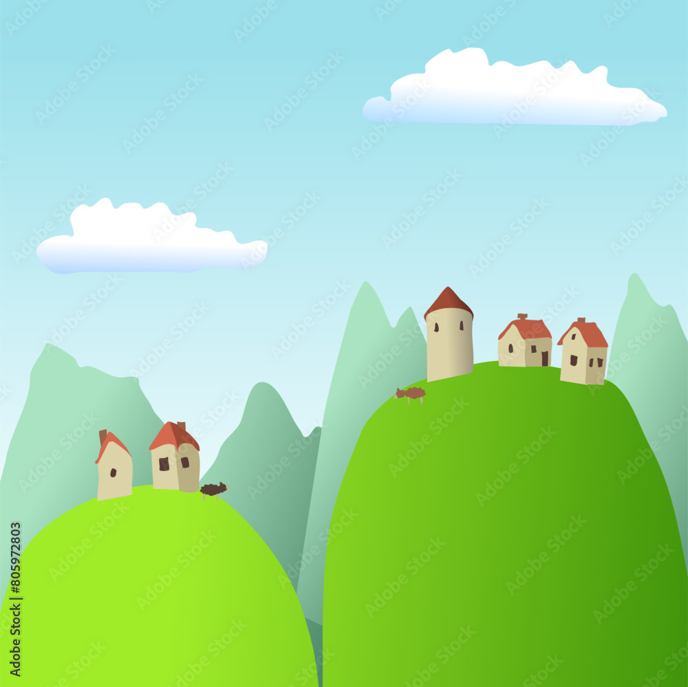 Green grassy mountains on the background of a mountain landscape and small houses in the distance. Vector illustration, mountain everyday life, silence, clean air and cartoon landscape design. Some