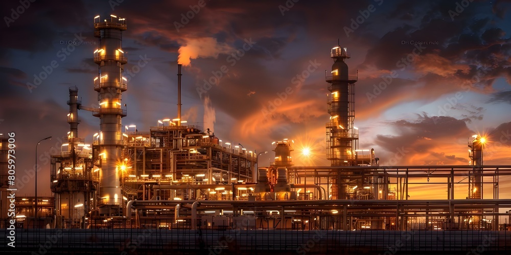 Oil Refinery Plant in the Evening Desert: Industrial Machines and Gas Production. Concept Oil Refinery Plant, Evening Desert, Industrial Machines, Gas Production, Evening Landscape