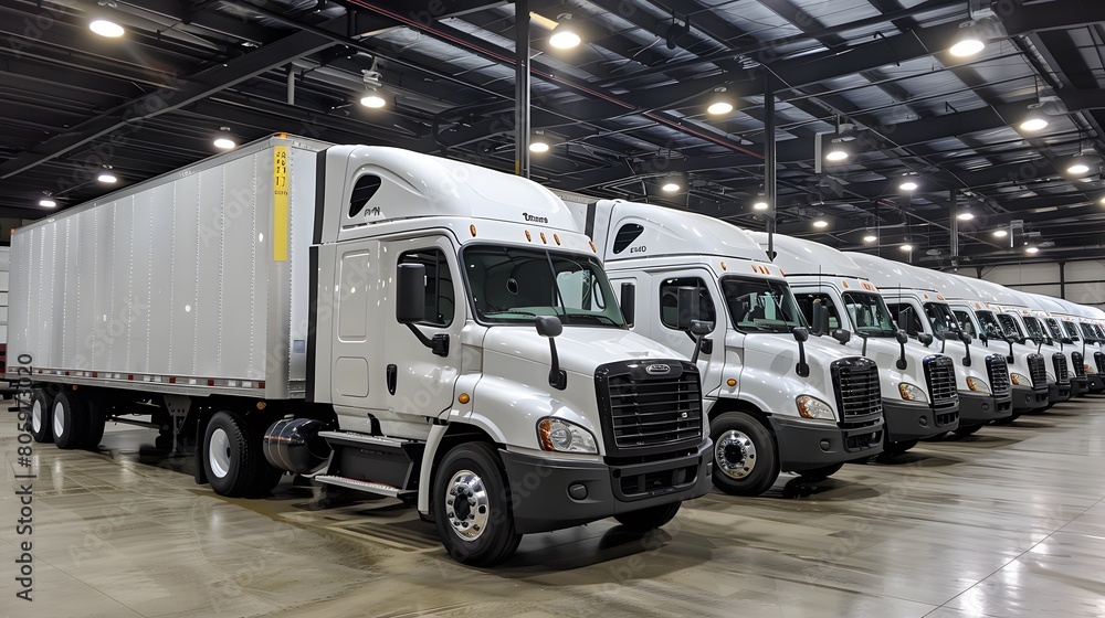 A row of white trucks is parked outside a warehouse. White freight semi trucks loading or unloading. Road cargo transportation A row of white trucks is parked outside a warehouse. White freight semi trucks loading or unloading. Road cargo transportation