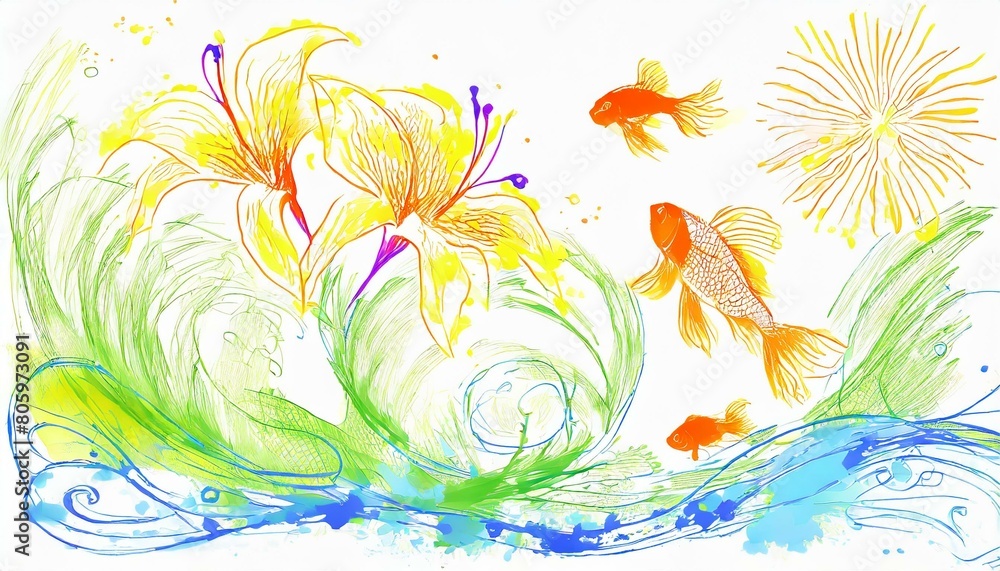 華麗な金魚と花火、美しい百合と共に夏の香りを届ける透き通るような色彩豊かなシルエットを大まかに、シンプルに描く generated by AI