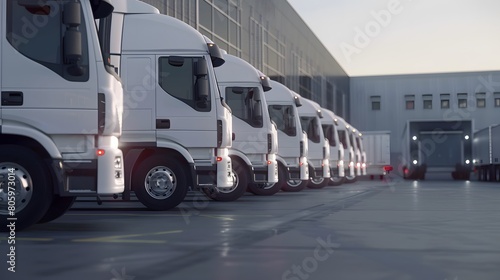 A row of white trucks is parked outside a warehouse. White freight semi trucks loading or unloading. Road cargo transportation