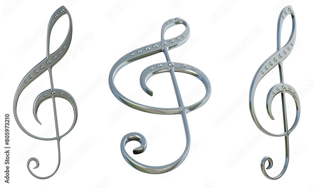 3D renders of treble clef model. Metallic materials, decoration. Views from different angles. 3D renders of treble clef model. Metallic materials, decoration. Views from different angles.