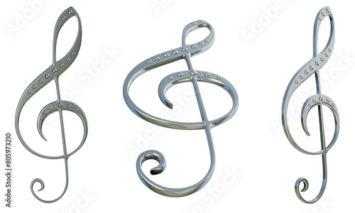3D renders of treble clef model. Metallic materials, decoration. Views from different angles. photo