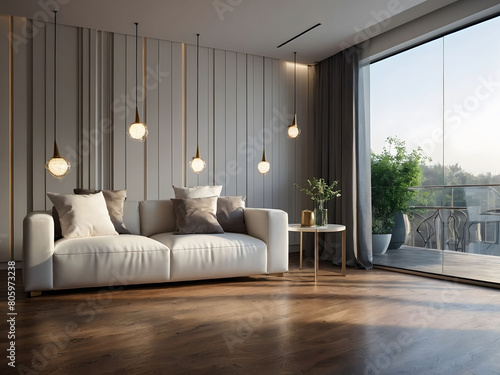 Sleek interior with a white sofa on wooden floors  accentuated by decor on a large wall  with the peaceful white scenery outside completing the serene ambiance.