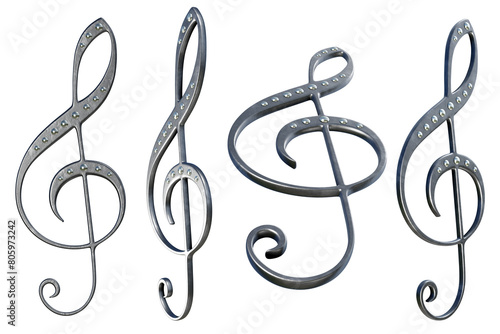 3D renders of treble clef model. Metallic materials, decoration. Views from different angles. photo