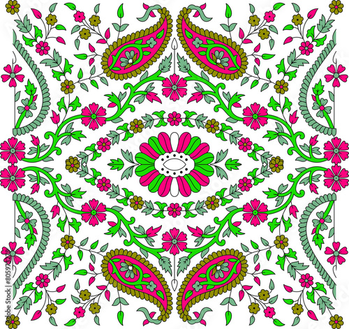 colorful Indian kalamkari floral outline pattern design.