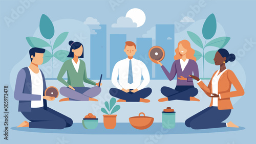 In a corporate setting stressed employees participate in a lunchtime sound healing session using simple instruments and vocal toning to relax and. Vector illustration