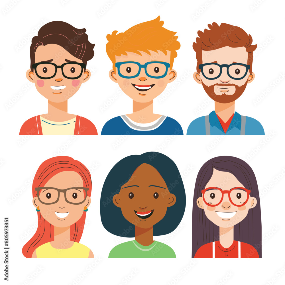 Diverse group cartoon characters, three men, three women, smiling facial expressions. Characters include various ethnicities, glasses, different hairstyles, casual attire. Flat design style Diverse group cartoon characters, three men, three women, smiling facial expressions. Characters include various ethnicities, glasses, different hairstyles, casual attire. Flat design style