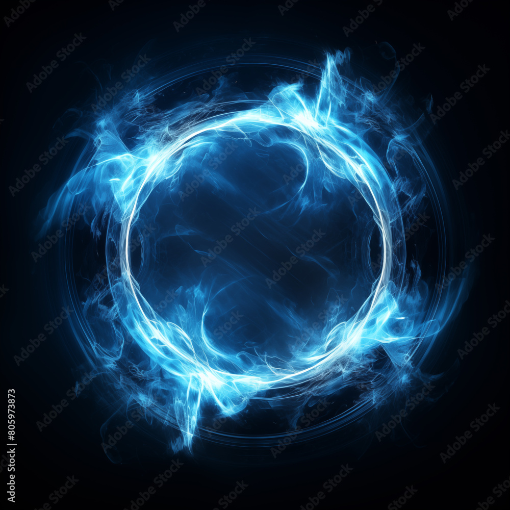 Blue glowing ring on a dark background. Blue energy circle, glowing blue smoke ring decorative banner. Digital raster bitmap illustration. AI artwork poster.