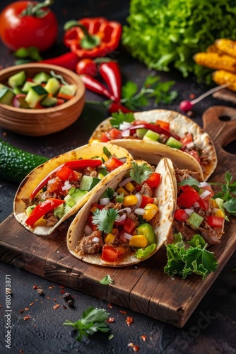 Mexican tacos on a wooden plate, Generative AI, © Milena