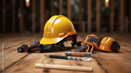 Contractor work equipment with helmet on wooden background.AI generated image