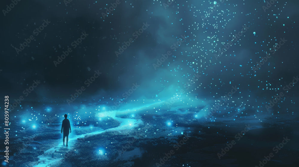 Fototapeta premium Twilight Wanderer: Minimalist Fantasy Concept Art. Generative AI