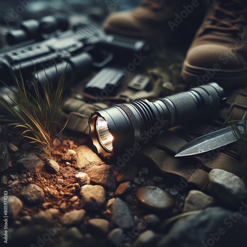 Rugged LED Flashlight Casting Bright Beam in Wilderness, Essential Gear for Outdoor Night Adventures