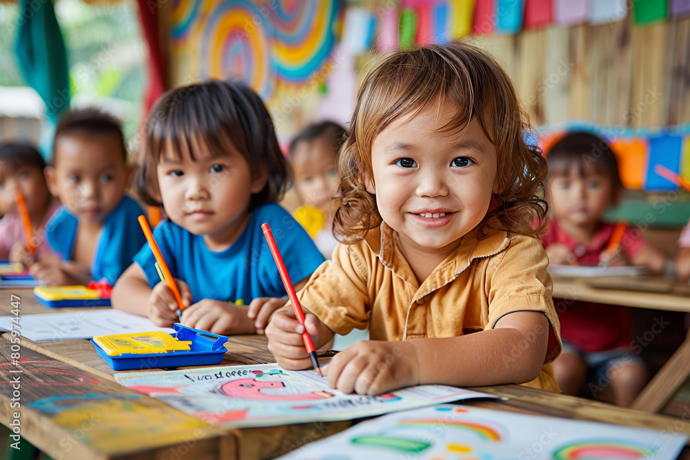 In an elementary classroom, adorable asian children, happily paint together. In an elementary classroom, adorable asian children, happily paint together.