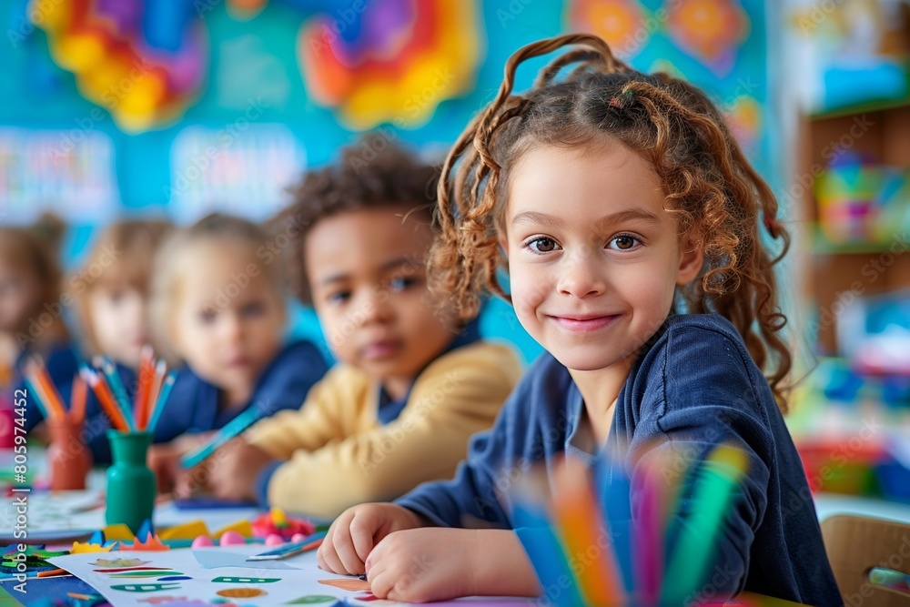Fototapeta premium In an elementary school classroom, a group of cheerful kids, enjoy an art lesson together, fostering friendship.