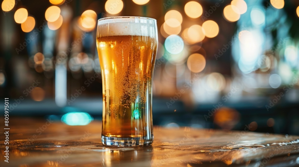 Bar Glass. Beer Foam in Cold Glass on Bar Table with Bokeh Background