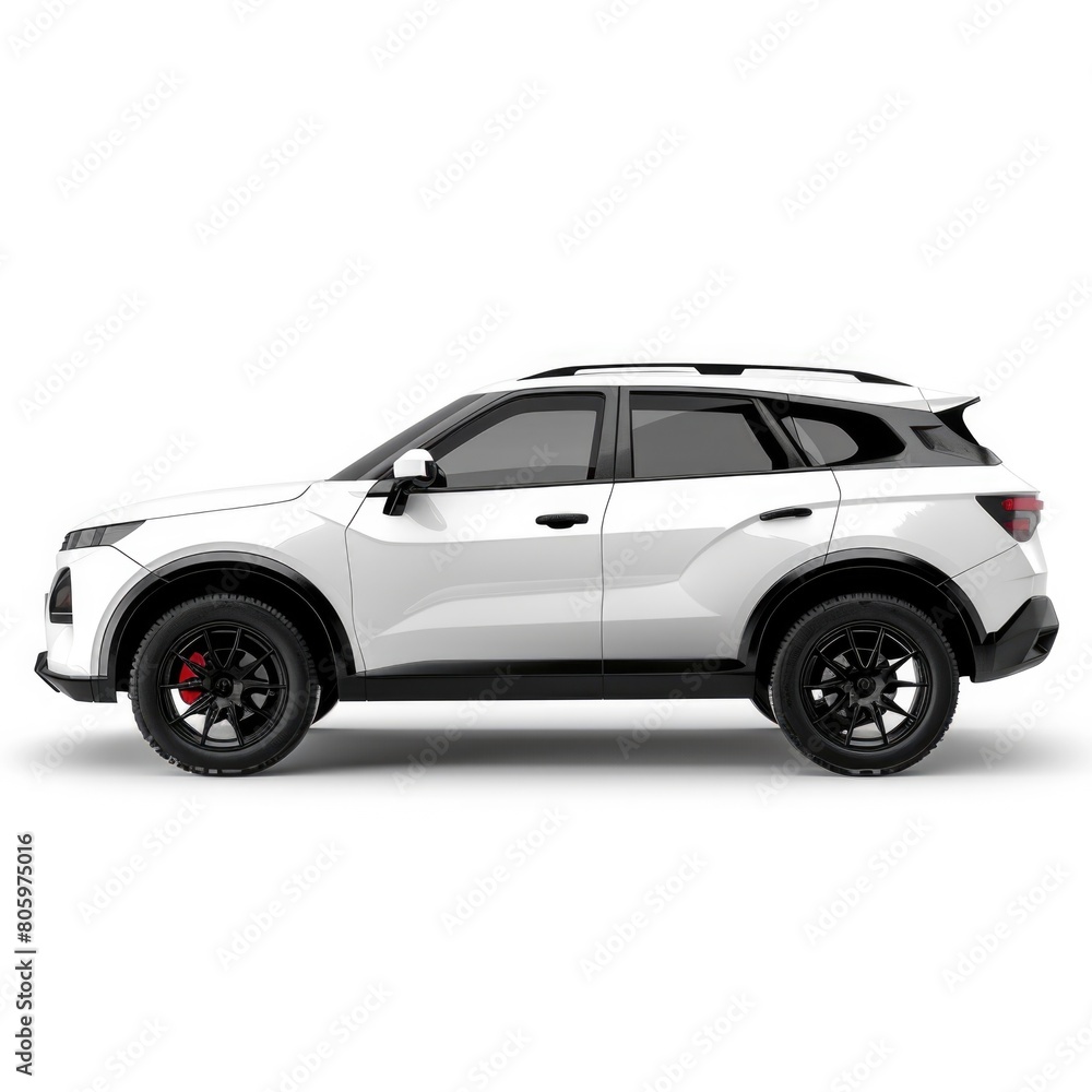 Auto Isolated. White Car Side View. Generic SUV Automobile. Crossover Utility Vehicle in 3D Rendering