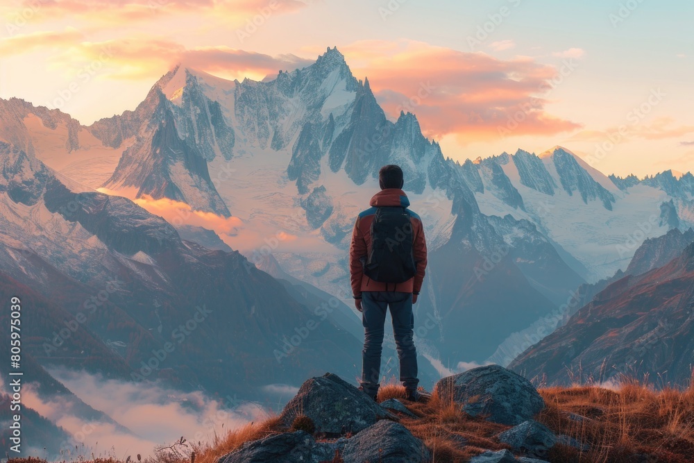 Looking Landscape. Man Contemplating the Calmness of Colorful Mountain Layers at Sunset in Chamonix, France