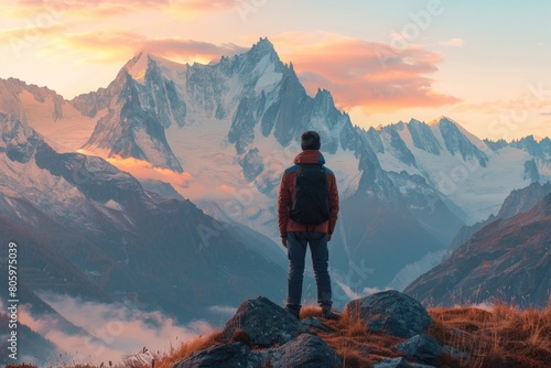Looking Landscape. Man Contemplating the Calmness of Colorful Mountain Layers at Sunset in Chamonix, France © AIGen