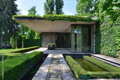 Garden House. Modern Architecture with Hedges in a Calm and Domestic Garden Setting