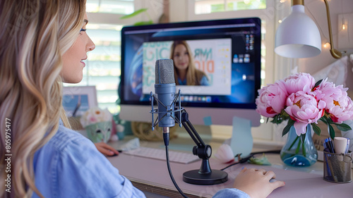 woman sitting in a home office speaking into a 6 inch tall podcast microphone standing on the desk.The home office is decorated in a cozy  pastel  whimiscal style