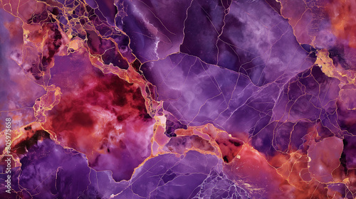 Vibrant purple and red marble texture with golden veins, resembling an ethereal nebula in space