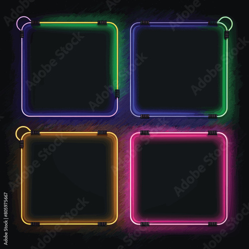 Neon signboard frames colorful glowing dark background. Bright neon square borders illuminated advertising design template modern. Four squares vibrant colours black backdrop