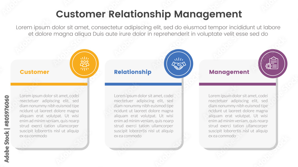 CRM customer relationship management infographic 3 point stage template with big round square box for slide presentation