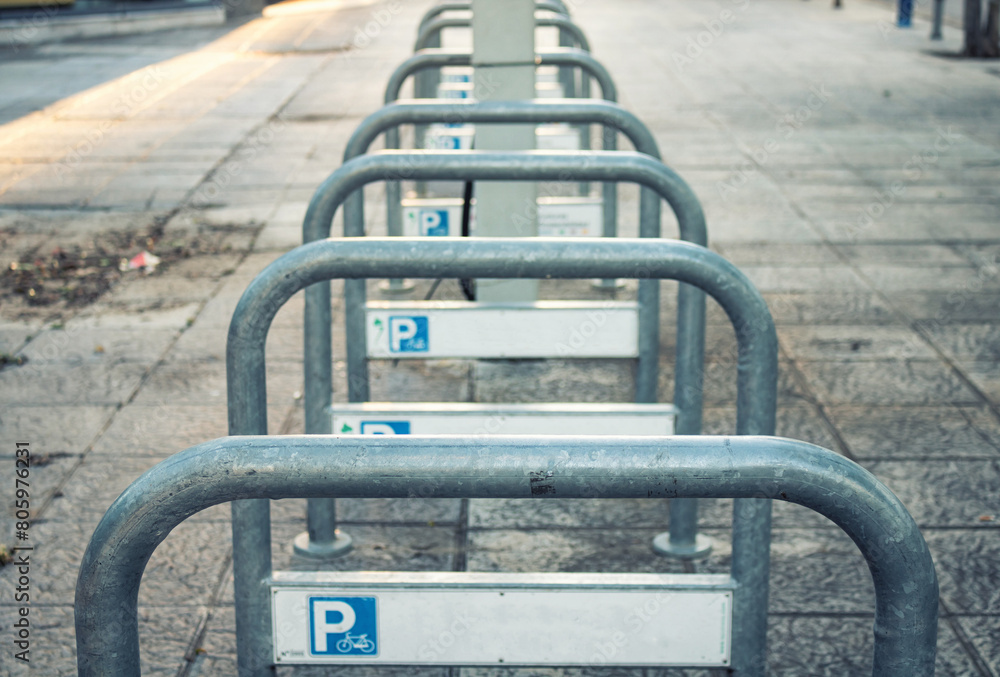 Urban furniture. Bicycle parking in the sidewalk. Urban furniture. Bicycle parking in the sidewalk.