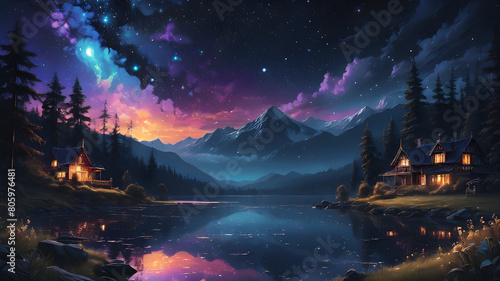 Glowing Midnight Sky, Enchanting Beauty in a Scenic Landscape © ankpristoriko
