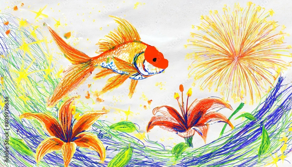 綺麗な金魚と花火、美しい百合と共に夏の香りを届ける透き通るような色彩豊かなシルエットを大まかに、シンプルに色鉛筆で描く generated by AI