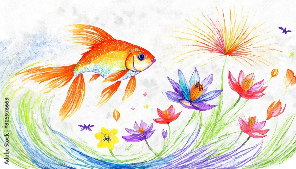 Naklejka premium 綺麗な金魚と花火、美しい百合と共に夏の香りを届ける透き通るような色彩豊かなシルエットを大まかに、シンプルに色鉛筆で描く generated by AI