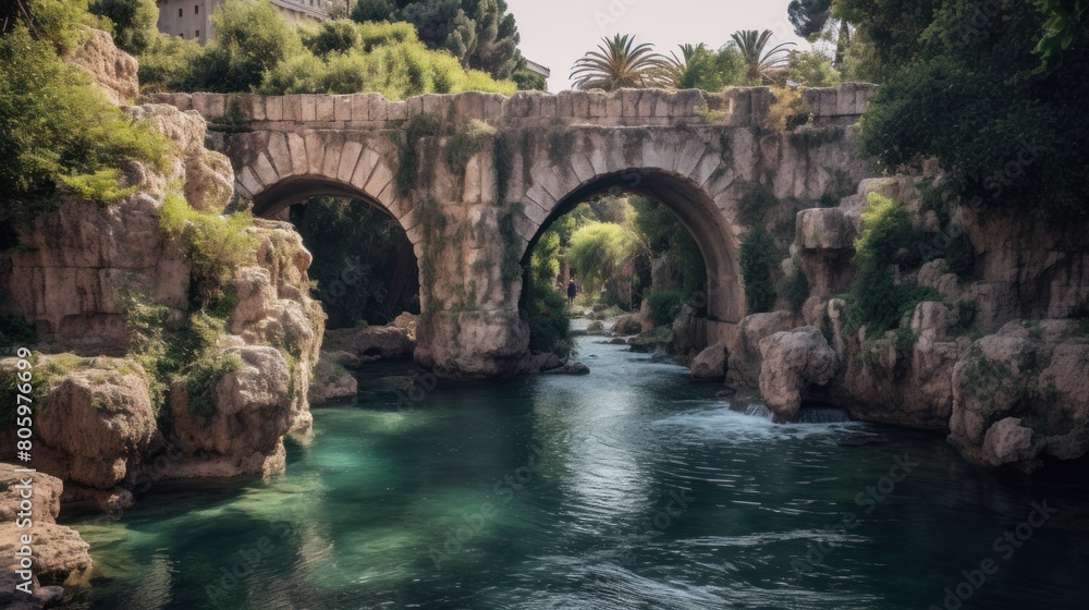 View of the ancient stone bridge over the River.AI generated image View of the ancient stone bridge over the River.AI generated image