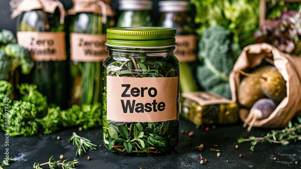 Glass jar with natural herbs, pickled vegetables, and zero-waste packaging in a sustainable, eco-friendly market. Glass jar with natural herbs, pickled vegetables, and zero-waste packaging in a sustainable, eco-friendly market.