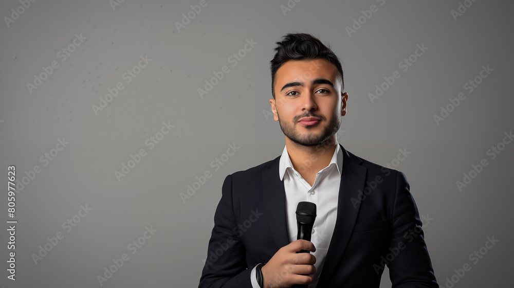 Journalist holding a microphone on a plain background Journalist holding a microphone on a plain background