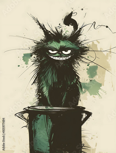 Chat caricatural assis sur une cafetière avec une expression grincheuse. 