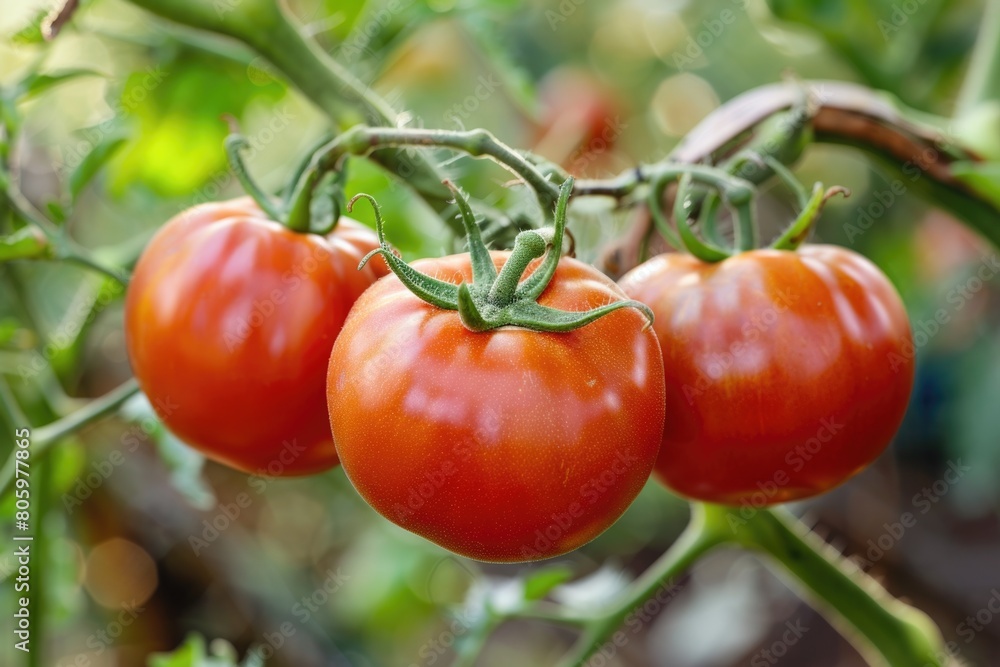 Organic Tomato. Home Grown Tomatoes on Vine in Greenhouse. Harvesting Autumn Vegetables on Organic Farm