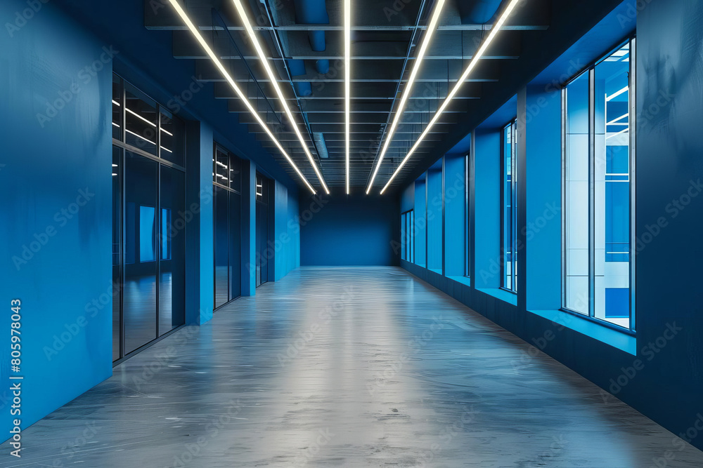 Blue office corridor with loft-style windows and continuous ceiling lights in ai generative design theme for spacious interior concept