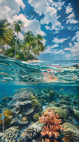 Une coupe transversale d'une scène côtière tropicale,  la plage, les palmiers et la vie marine. © Valrie