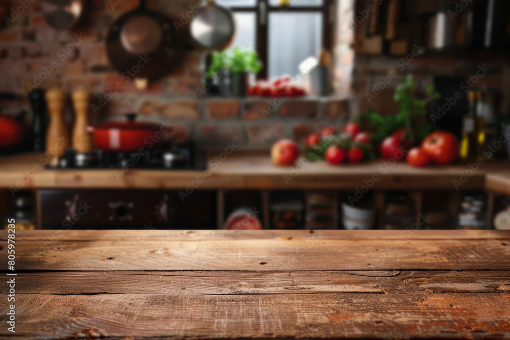 Wooden table top with blurred kitchenware in background - product photography with kitchen setting as backdrop Wooden table top with blurred kitchenware in background - product photography with kitchen setting as backdrop
