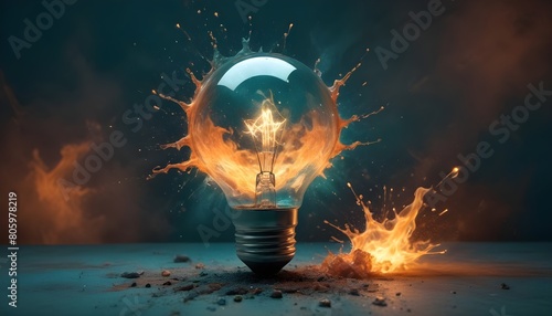 Imaginative notion backgrounds: A lightbulb shatters with vibrant splashes of paint and sparks. photo