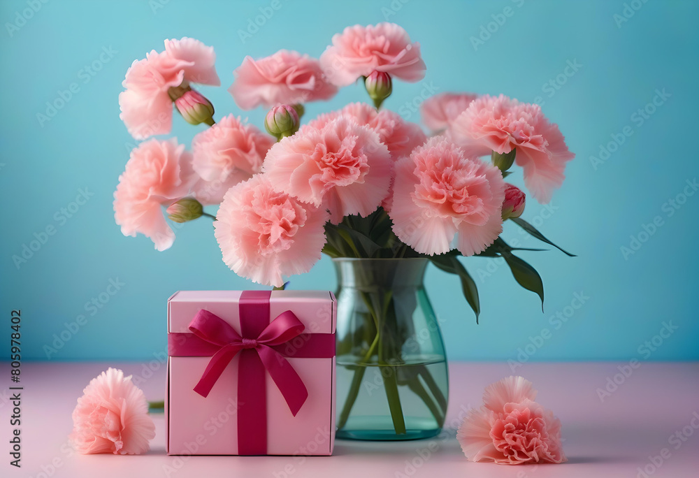 A pink gift box with a bouquet of pink carnation flower sin a glass vase on a blue background A pink gift box with a bouquet of pink carnation flower sin a glass vase on a blue background