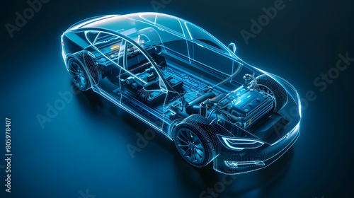 An electric car in blue X-ray with the battery exposed