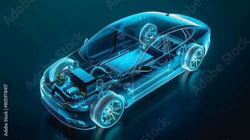 An electric car in blue X-ray with the battery exposed