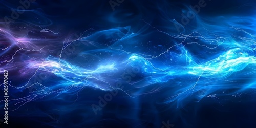 Electric blue lightning bolt plasma energy background with electrical sparks on dark blue. Concept Electric Blue Lightning, Plasma Energy, Electrical Sparks, Dark Blue Background photo