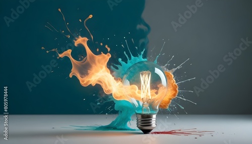 Artistic insight backgrounds: A lightbulb explodes with multicolored splashes of paint and sparks. photo
